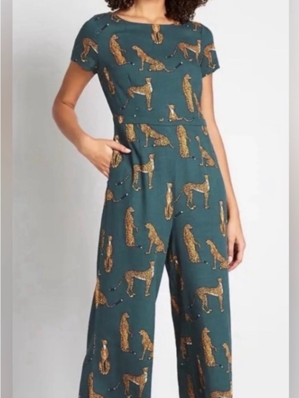 Modcloth Teal Jumpsuit with Gold Cheetah Motif